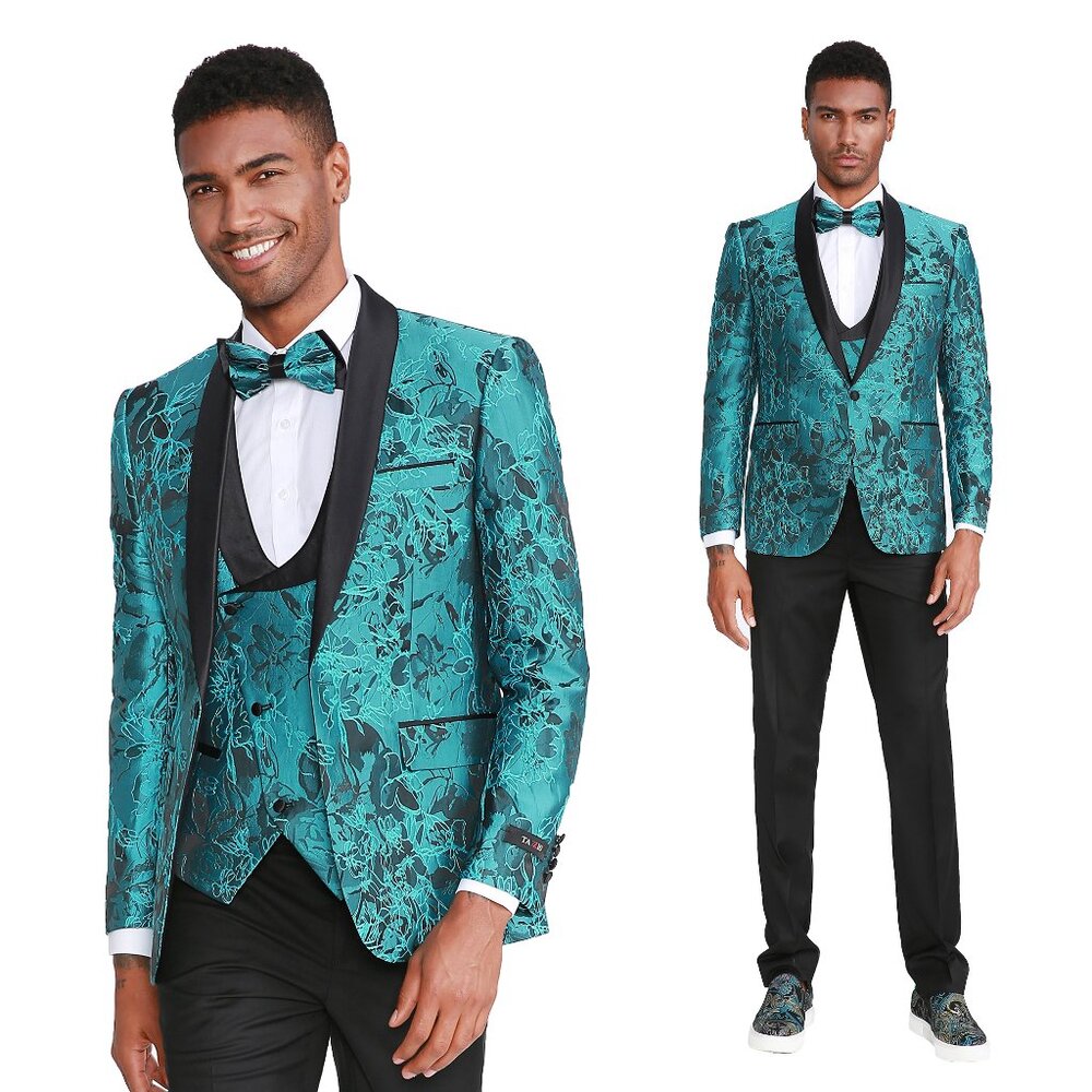 Mens Skinny-Fit Floral 3pc Suit w/ Bowtie, Turquoise